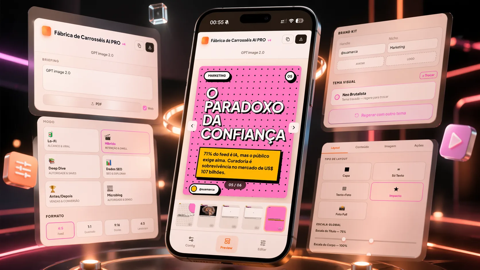 Versão mobile da Fábrica de Carrosséis AI PRO rodando no celular