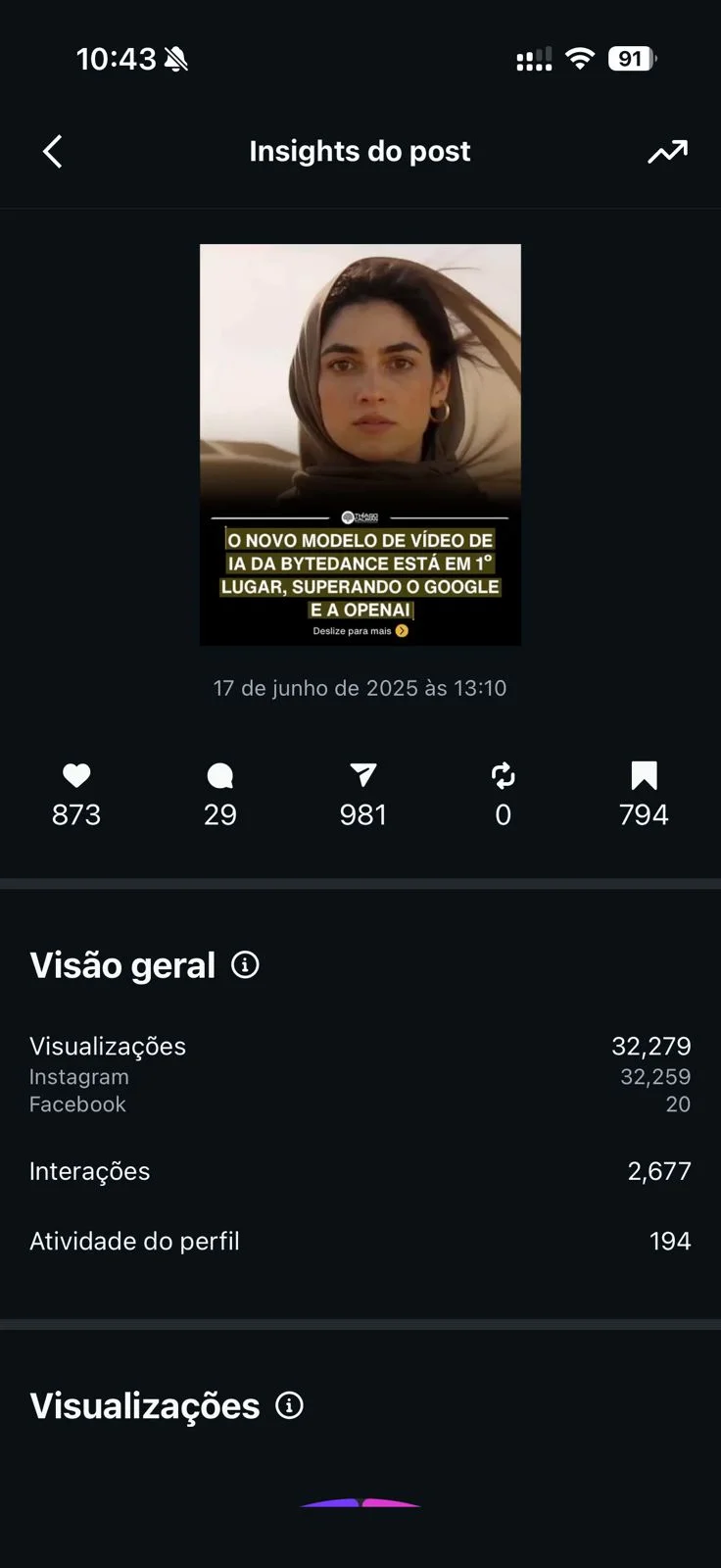 Print adicional de insights reais do Instagram gerados com a Fábrica