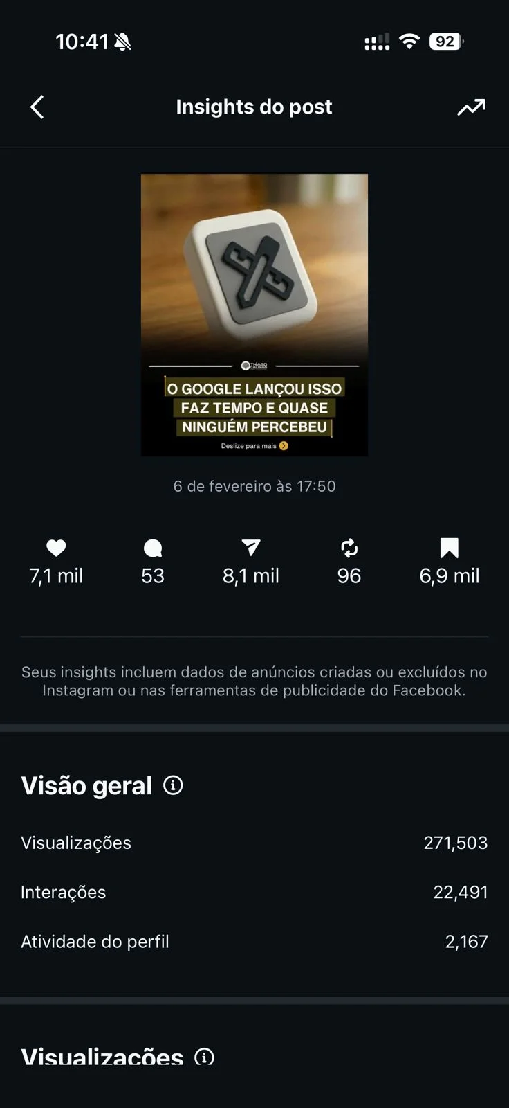 Print real de resultado com 271.503 visualizações e 22.491 interações no Instagram